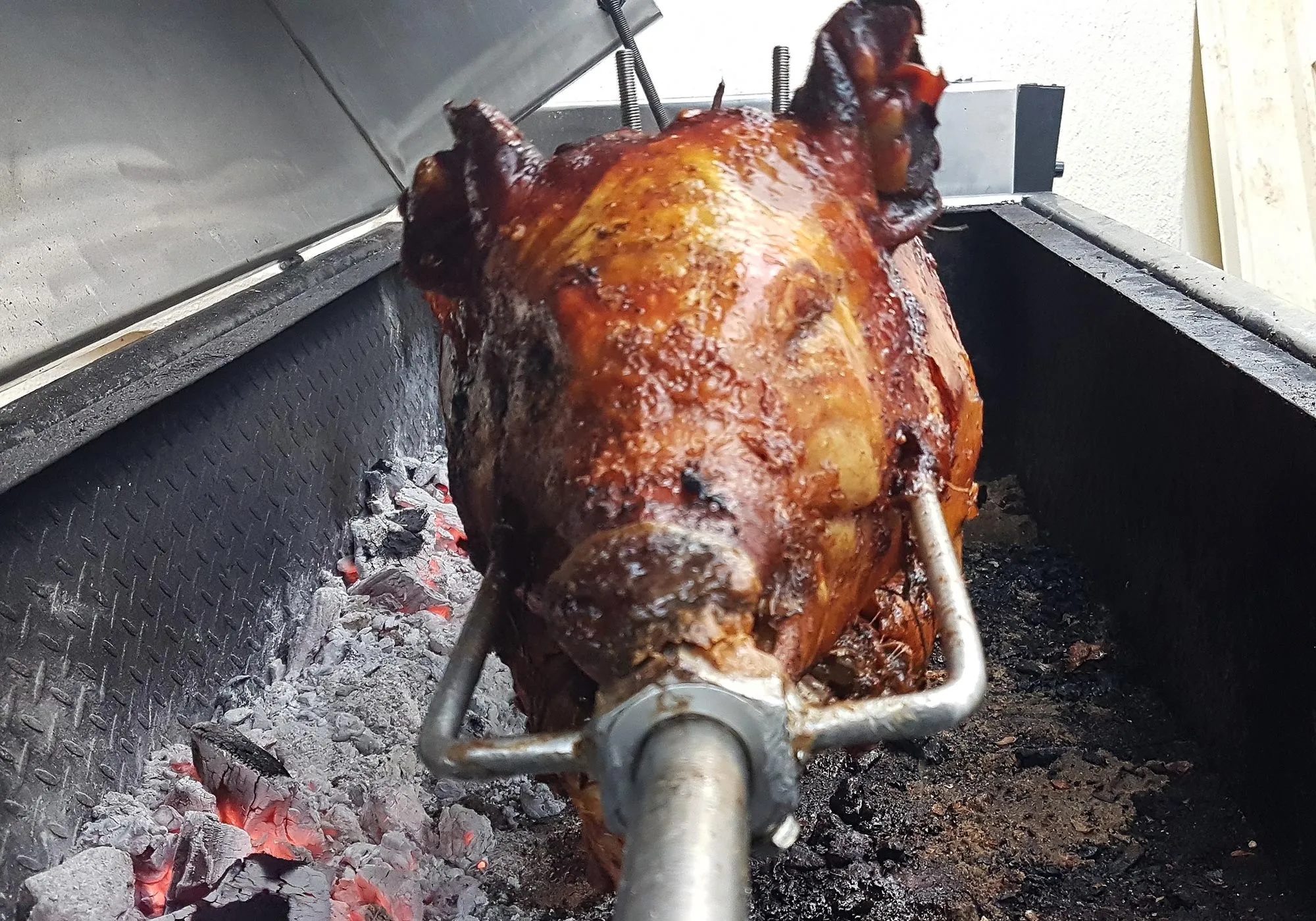 Free-range Berkshire spit roast pork with golden crackling